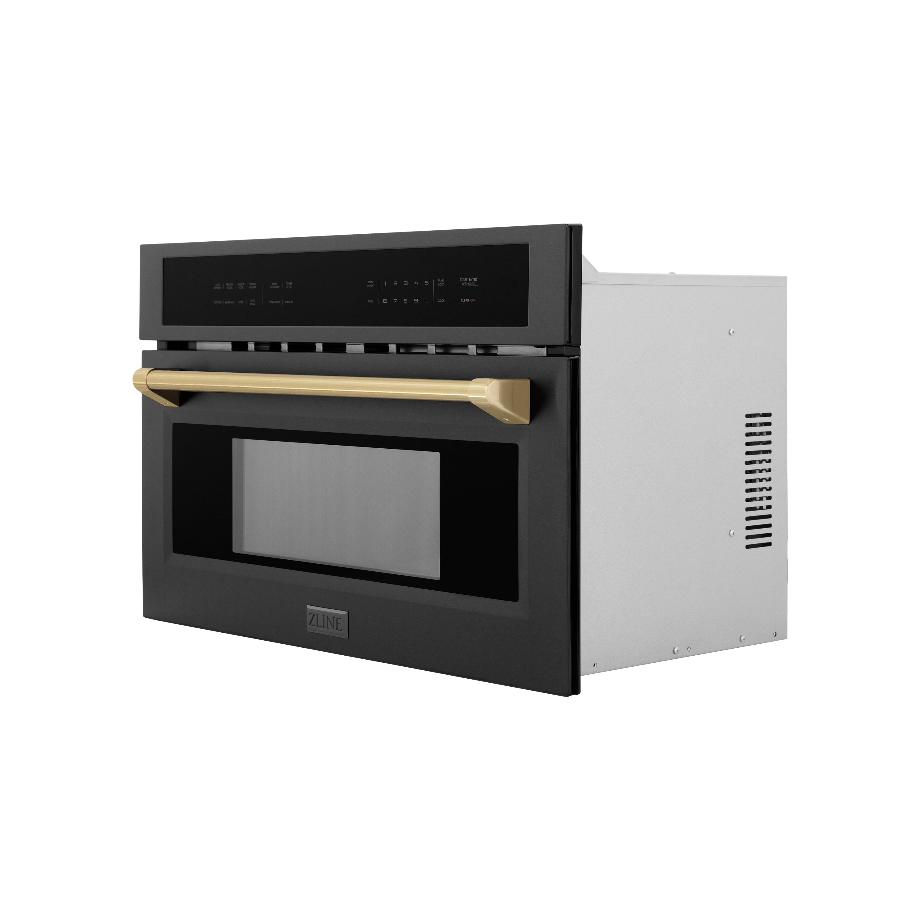 ZLINE Autograph Edition 30 in. 1.6 cu ft. Built-in Convection Microwave Oven in Black Stainless Steel with Champagne Bronze Accents (MWOZ-30-BS-CB) Side View Door Closed