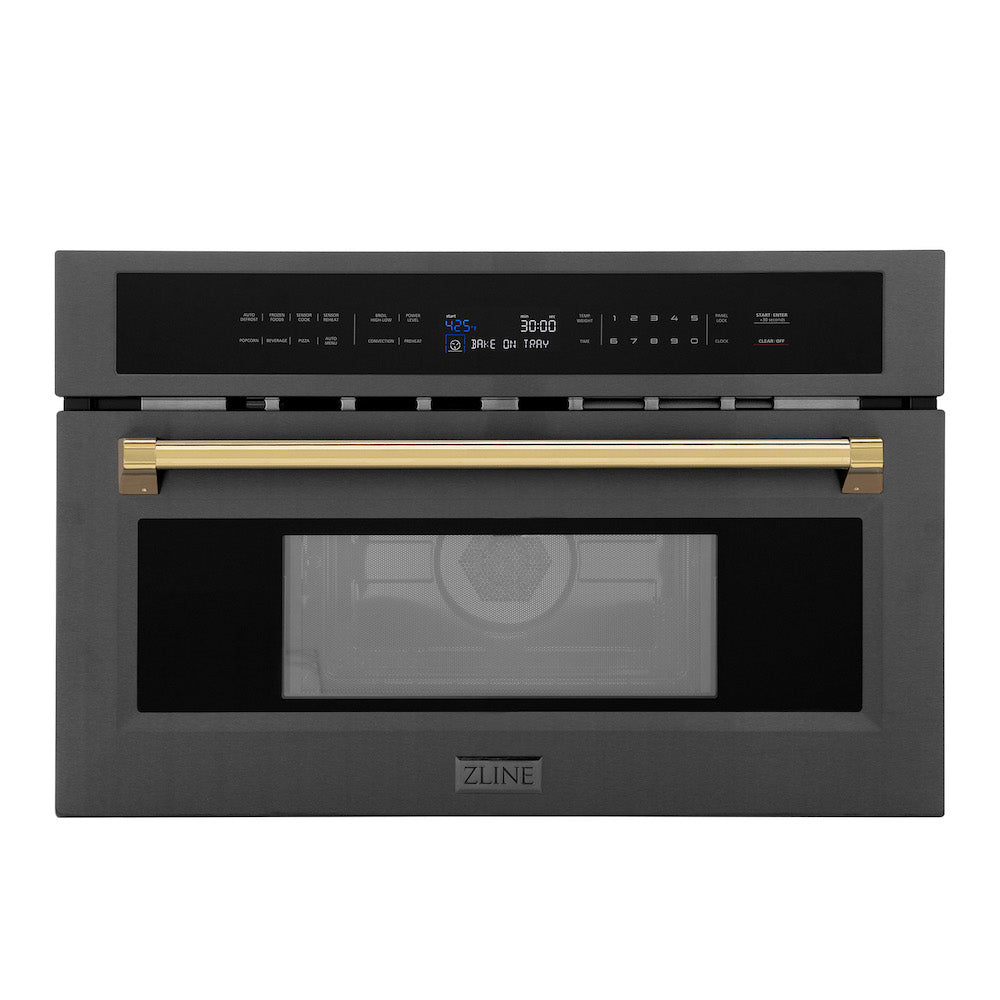 ZLINE Autograph Edition 30 in. 1.6 cu ft. Built-in Convection Microwave Oven in Black Stainless Steel with Polished Gold Accents (MWOZ-30-BS-G) main image.