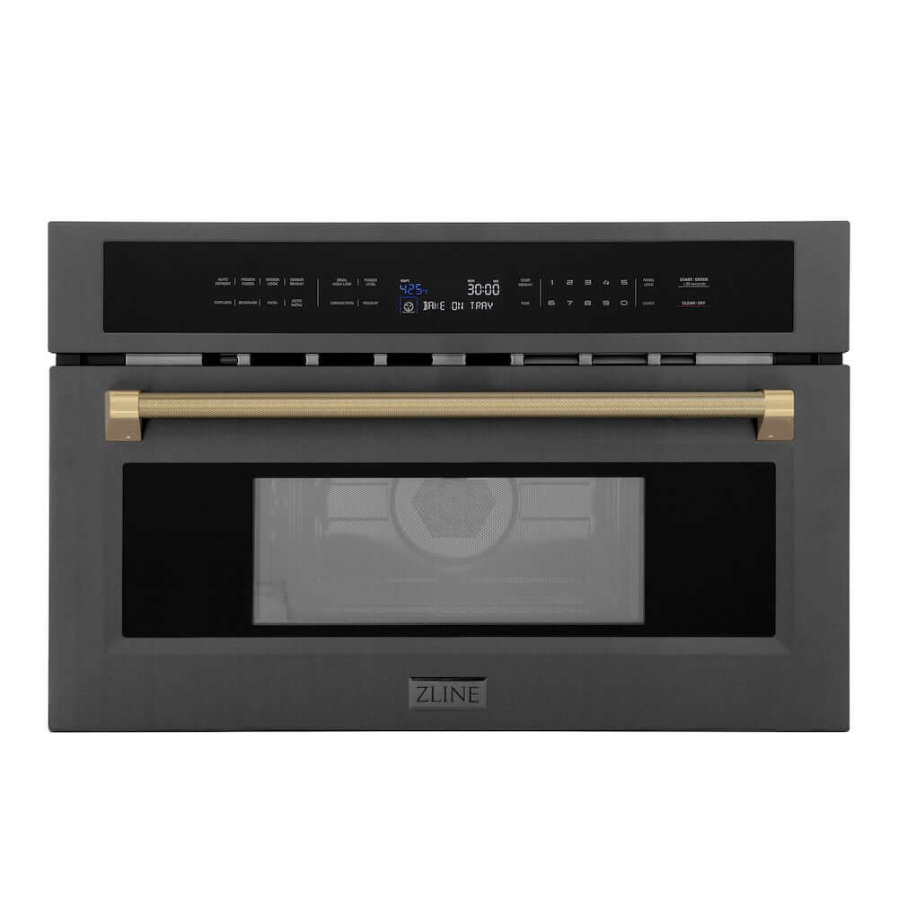 ZLINE Autograph Edition 30 in. 1.6 cu ft. Built-in Convection Microwave Oven in Black Stainless Steel and Champagne Bronze Helix Handle (MWOZ-30-BS-KCB)