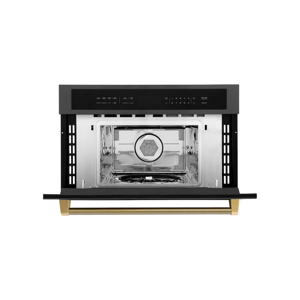 ZLINE Autograph Edition 30 in. 1.6 cu ft. Built-in Convection Microwave Oven in Black Stainless Steel and Polished Gold Helix Handle (MWOZ-30-BS-KG) front, open.