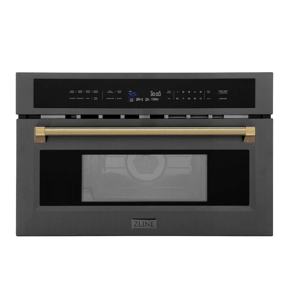 ZLINE Autograph Edition 30 in. 1.6 cu ft. Built-in Convection Microwave Oven in Black Stainless Steel and Polished Gold Helix Handle (MWOZ-30-BS-KG) main image.
