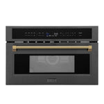 ZLINE Autograph Edition 30 in. 1.6 cu ft. Built-in Convection Microwave Oven in Black Stainless Steel and Polished Gold Helix Handle (MWOZ-30-BS-KG)