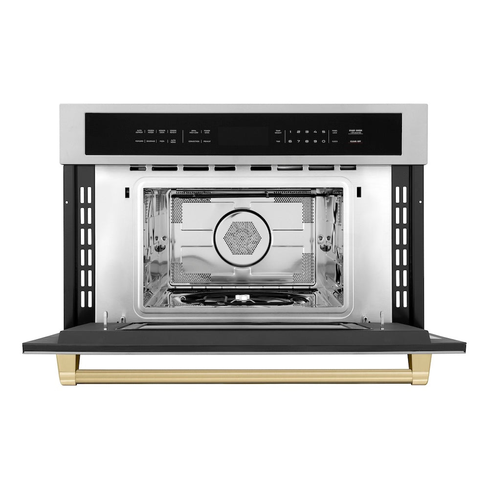 ZLINE Autograph Edition 30 in. 1.6 cu ft. Built-in Convection Microwave Oven in Stainless Steel with Champagne Bronze Accents (MWOZ-30-CB) front, open.