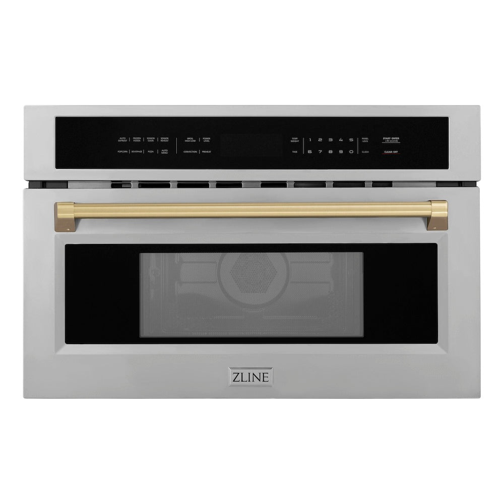 ZLINE Autograph Edition 30 in. 1.6 cu ft. Built-in Convection Microwave Oven in Stainless Steel with Champagne Bronze Accents (MWOZ-30-CB) front, closed.