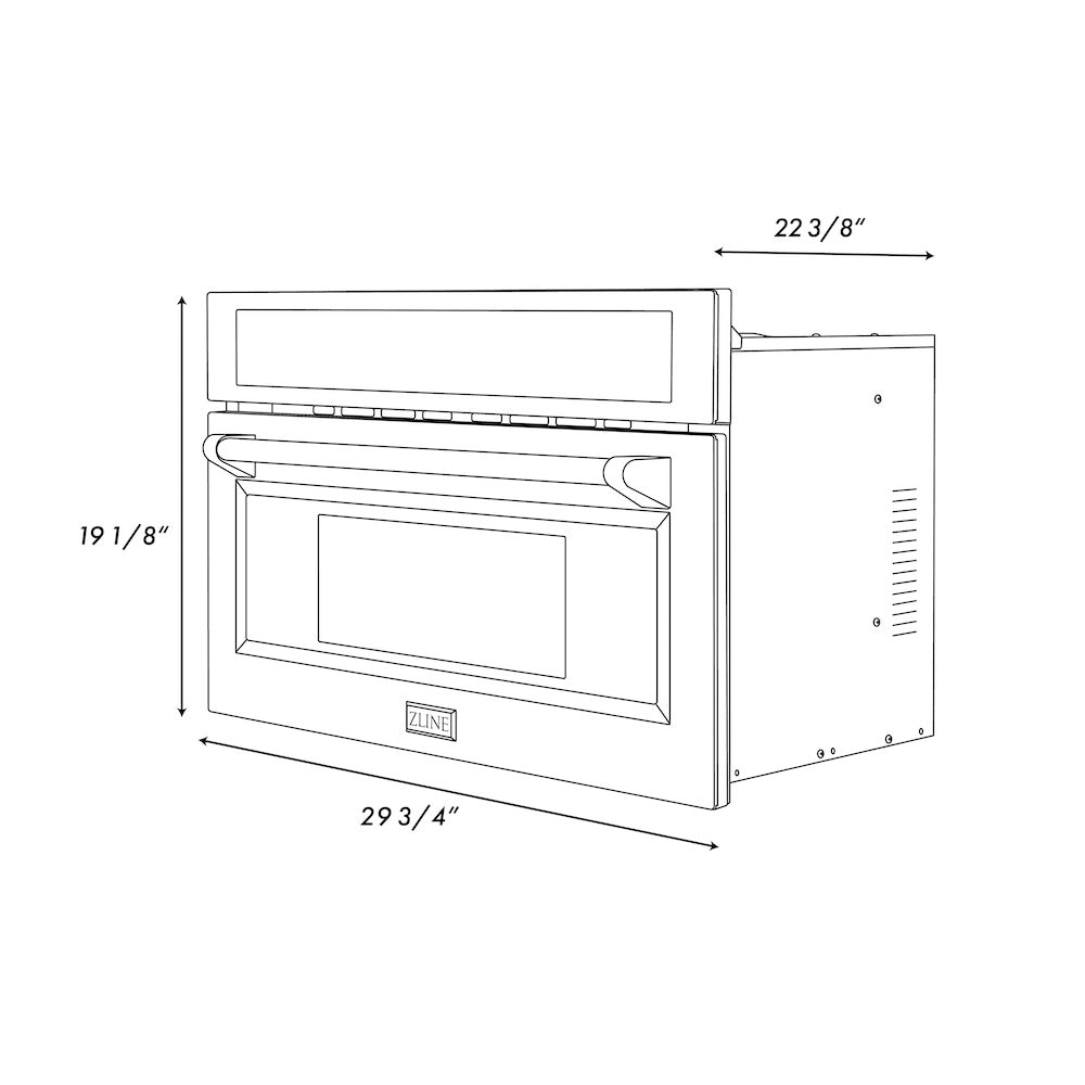 ZLINE Autograph Edition 30 in. 1.6 cu ft. Built-in Convection Microwave Oven in Stainless Steel with Champagne Bronze Accents (MWOZ-30-CB) dimensional diagram with measurements.