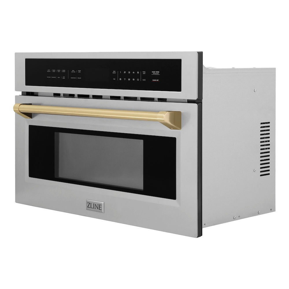 ZLINE Autograph Edition 30 in. 1.6 cu ft. Built-in Convection Microwave Oven in Stainless Steel with Champagne Bronze Accents (MWOZ-30-CB) side, closed.