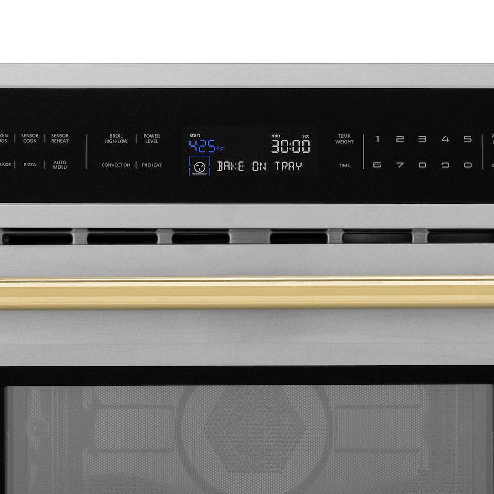ZLINE Autograph Edition 30 in. 1.6 cu ft. Built-in Convection Microwave Oven in Stainless Steel with Polished Gold Accents (MWOZ-30-G) handle and digital display