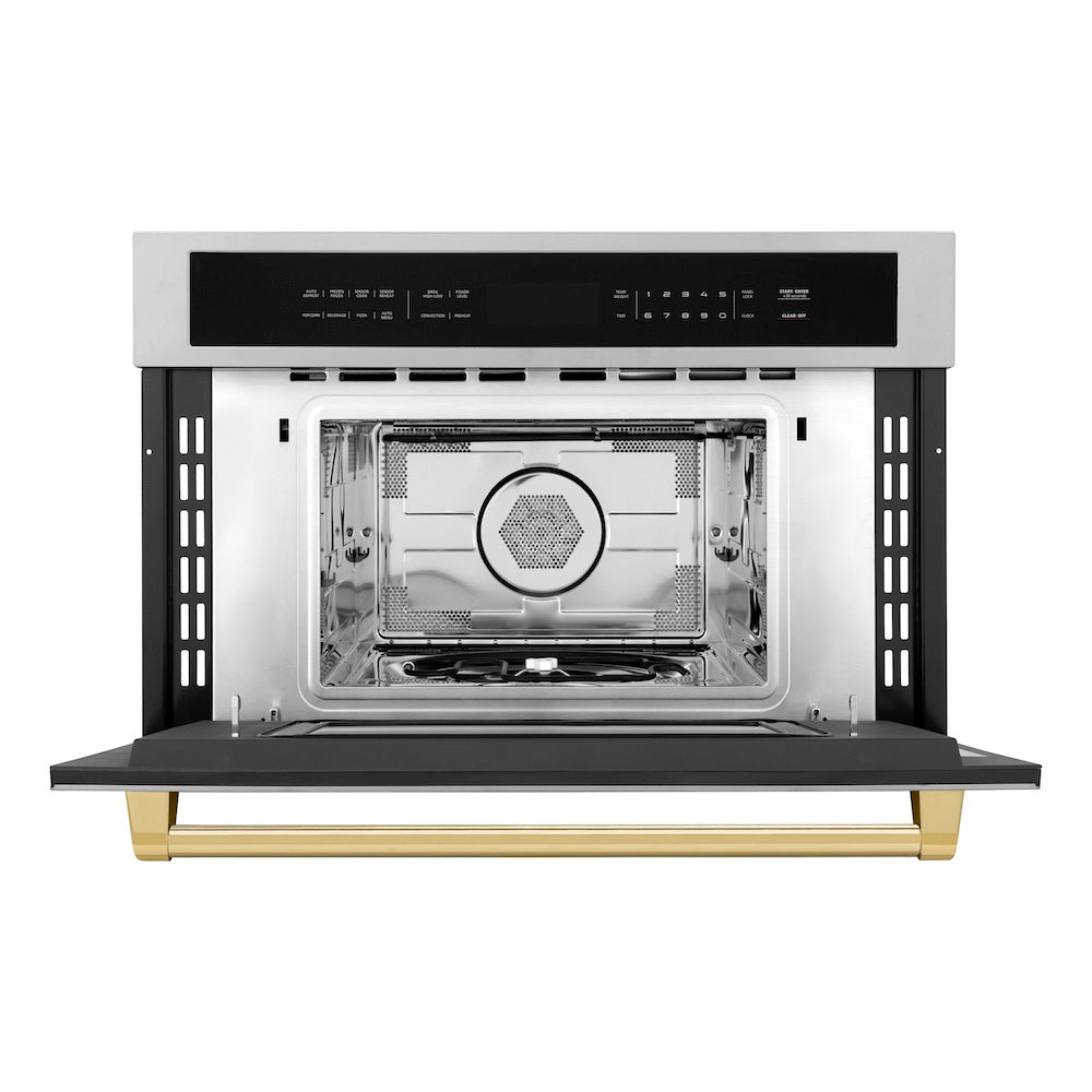 ZLINE Autograph Edition 30 in. 1.6 cu ft. Built-in Convection Microwave Oven in Stainless Steel with Polished Gold Accents (MWOZ-30-G) front, open.