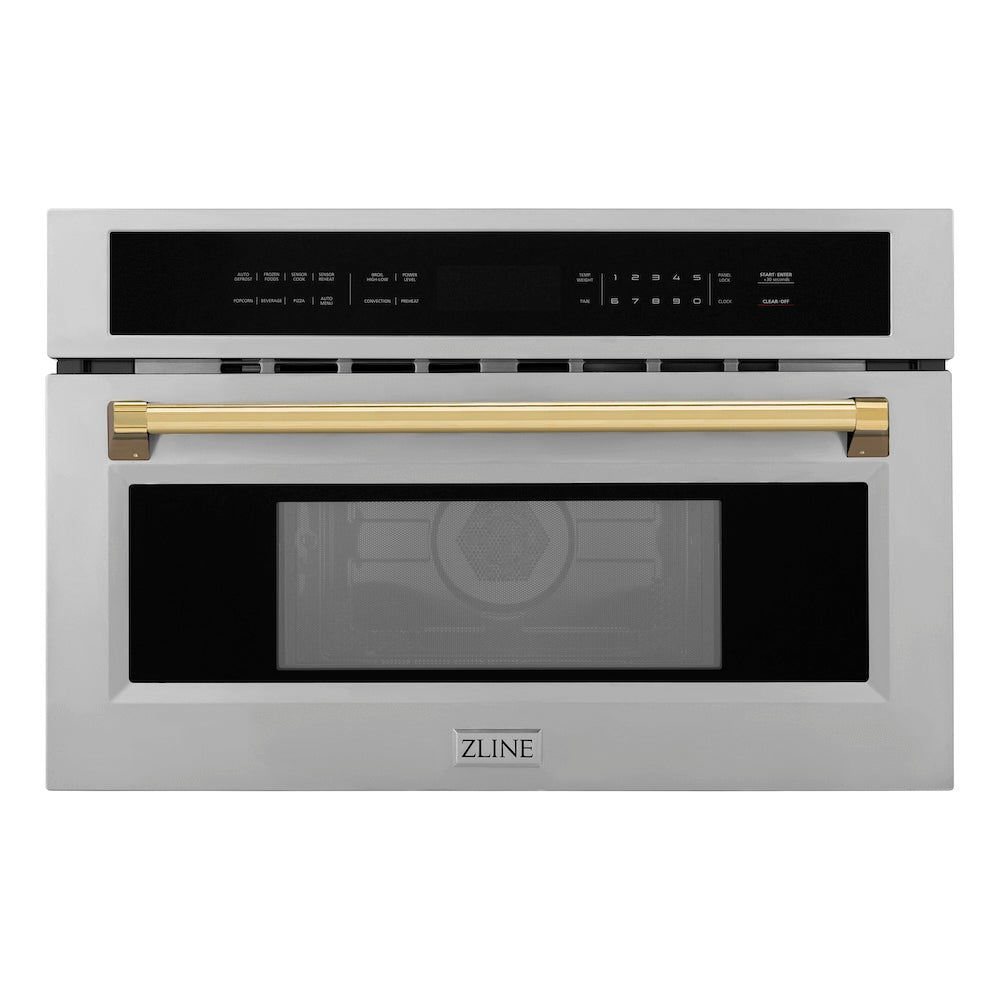 ZLINE Autograph Edition 30 in. 1.6 cu ft. Built-in Convection Microwave Oven in Stainless Steel with Polished Gold Accents (MWOZ-30-G)