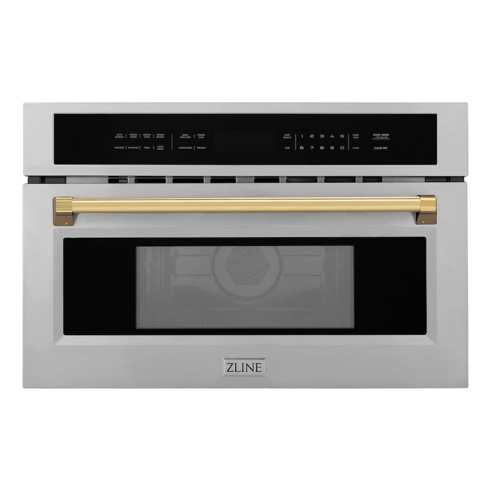 ZLINE Autograph Edition 30 in. 1.6 cu ft. Built-in Convection Microwave Oven in Stainless Steel with Polished Gold Accents (MWOZ-30-G) main image.
