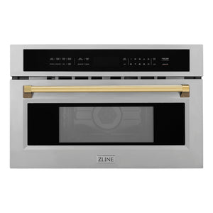 ZLINE Autograph Edition 30 in. 1.6 cu ft. Built-in Convection Microwave Oven in Stainless Steel with Polished Gold Accents (MWOZ-30-G) main image.
