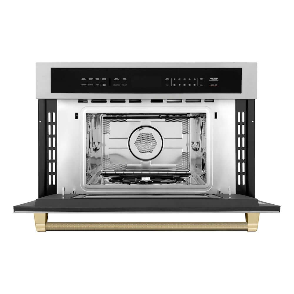 ZLINE Autograph Edition 30 in. 1.6 cu ft. Built-in Convection Microwave Oven in Stainless Steel and Champagne Bronze Helix Handle (MWOZ-30-KCB) front, open.