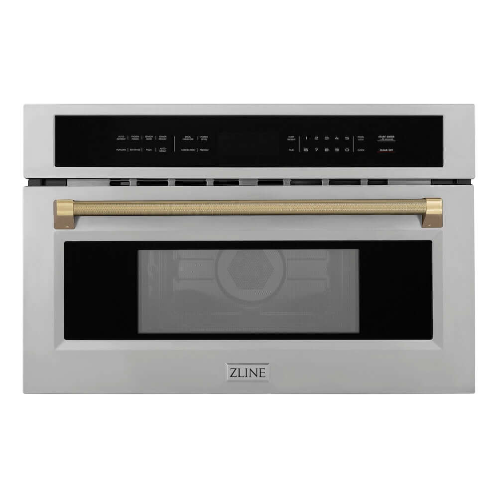 ZLINE Autograph Edition 30 in. 1.6 cu ft. Built-in Convection Microwave Oven in Stainless Steel and Champagne Bronze Helix Handle (MWOZ-30-KCB) front.