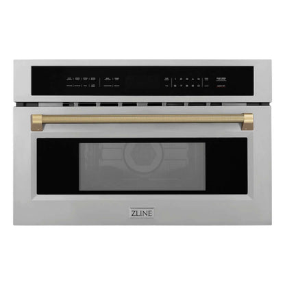 ZLINE Autograph Edition 30 in. 1.6 cu ft. Built-in Convection Microwave Oven in Stainless Steel and Champagne Bronze Helix Handle (MWOZ-30-KCB) front.