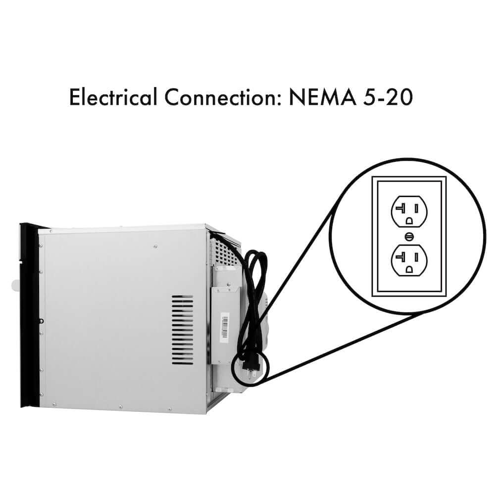ZLINE Autograph Edition 30 in. 1.6 cu ft. Built-in Convection Microwave Oven in Stainless Steel and Polished Gold Helix Handle (MWOZ-30-KG) diagram showing an electrical connection to a NEMA 5-20 outlet.