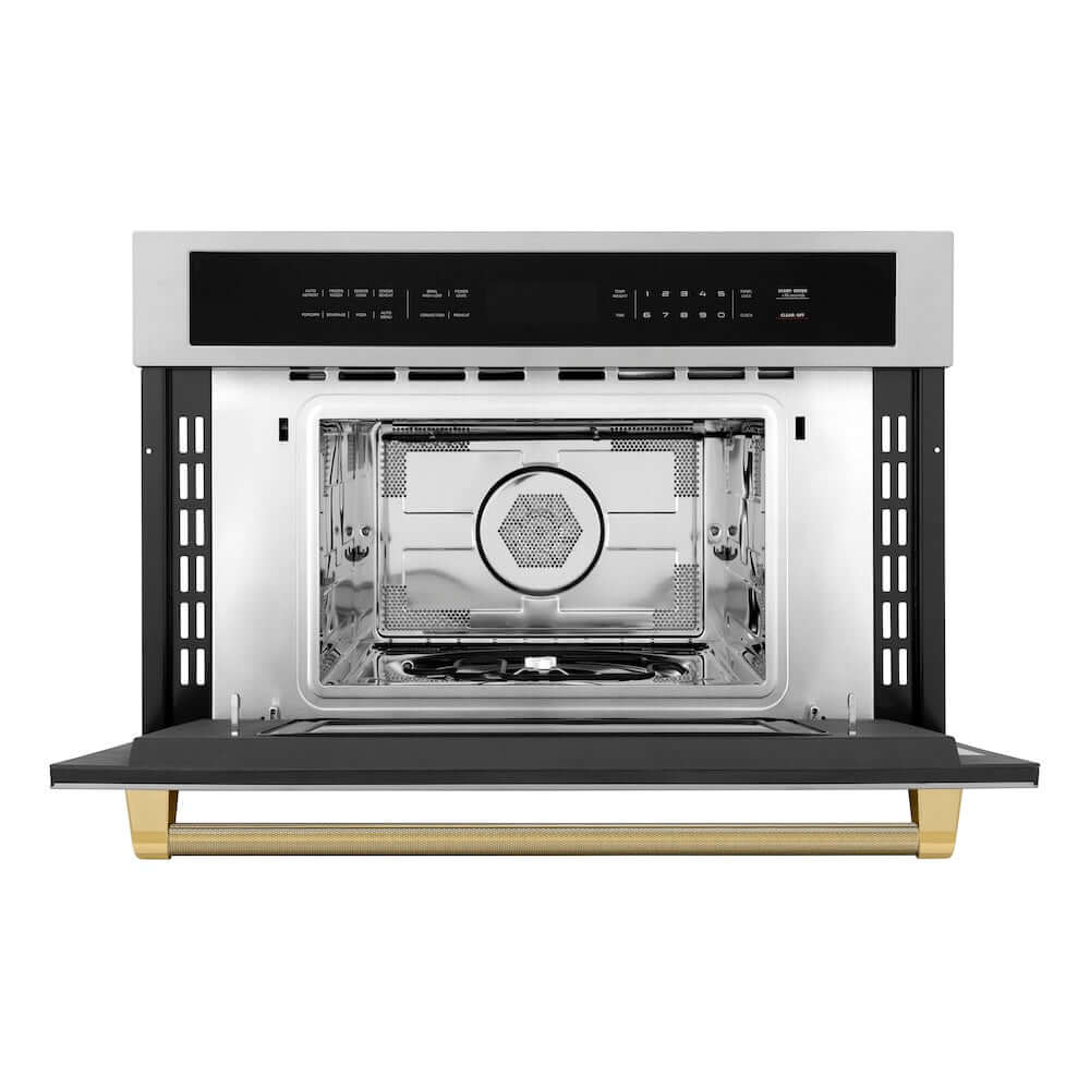 ZLINE Autograph Edition 30 in. 1.6 cu ft. Built-in Convection Microwave Oven in Stainless Steel and Polished Gold Helix Handle (MWOZ-30-KG) front, open.