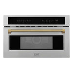 ZLINE Autograph Edition 30 in. 1.6 cu ft. Built-in Convection Microwave Oven in Stainless Steel and Polished Gold Helix Handle (MWOZ-30-KG) front.