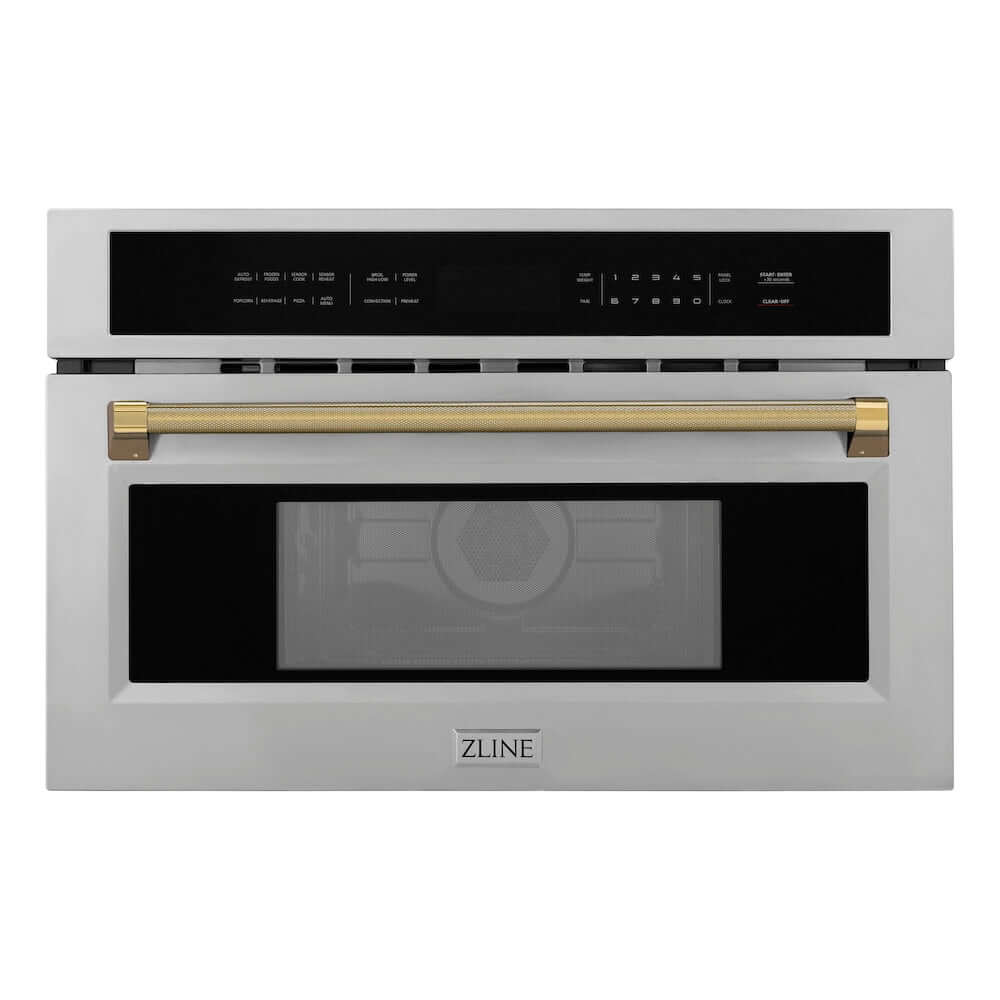 ZLINE Autograph Edition 30 in. 1.6 cu ft. Built-in Convection Microwave Oven in Stainless Steel and Polished Gold Helix Handle (MWOZ-30-KG) front.