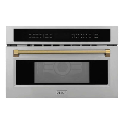 ZLINE Autograph Edition 30 in. 1.6 cu ft. Built-in Convection Microwave Oven in Stainless Steel and Polished Gold Helix Handle (MWOZ-30-KG) front.