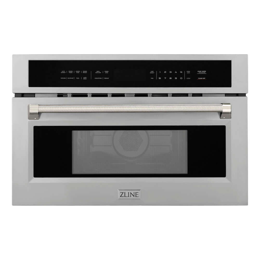 ZLINE Autograph Edition 30 in. 1.6 cu ft. Built-in Convection Microwave Oven in Stainless Steel and Polished Nickel Helix Handle (MWOZ-30-KPN) main image.