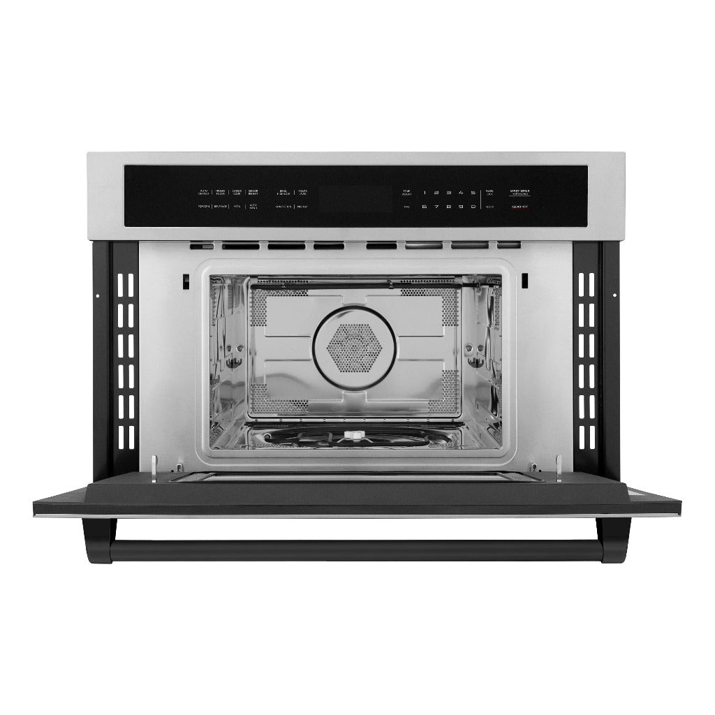 ZLINE Autograph Edition 30 in. 1.6 cu ft. Built-in Convection Microwave Oven in Stainless Steel with Matte Black Accents (MWOZ-30-MB) front, open.