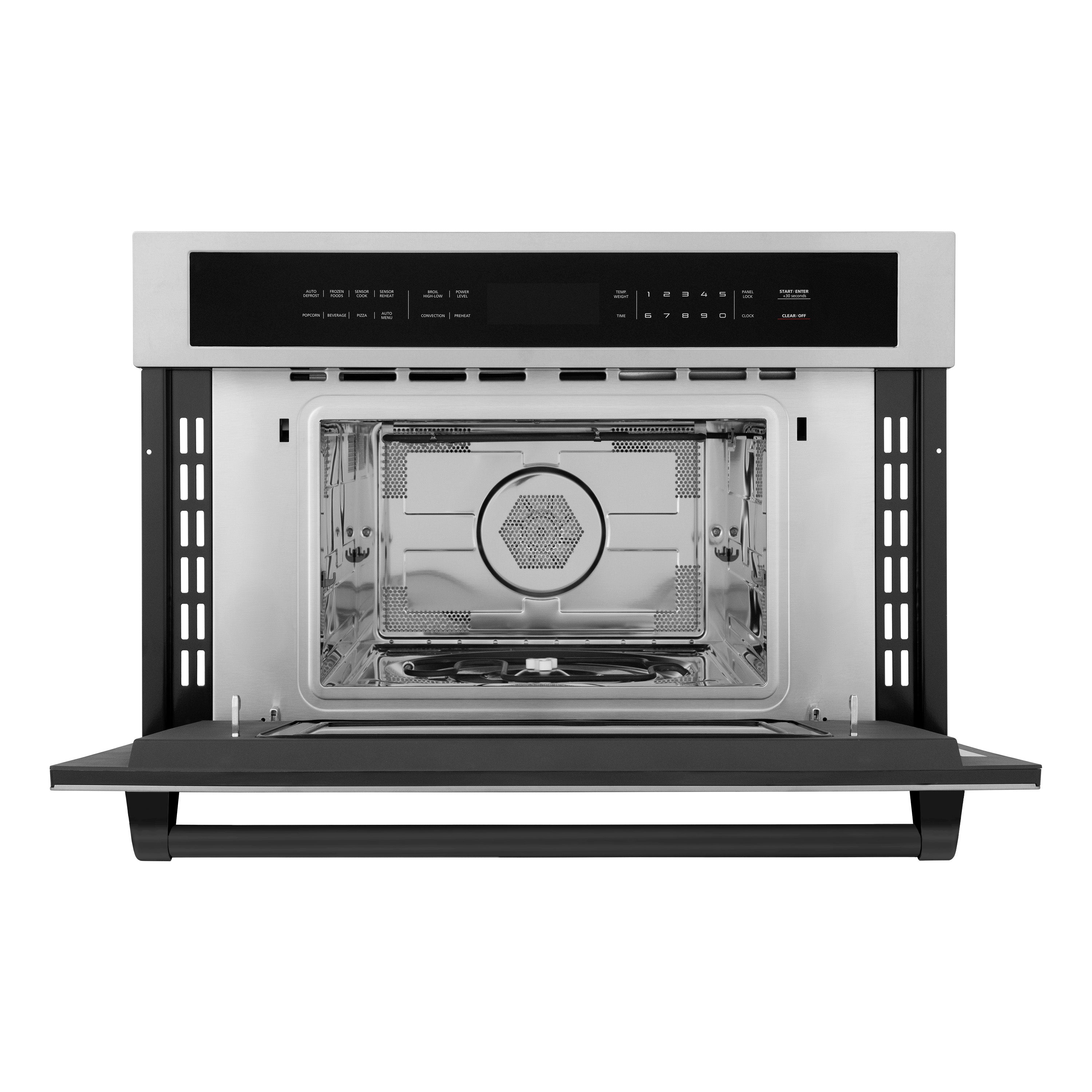 ZLINE Autograph Edition 30 in. 1.6 cu ft. Built-in Convection Microwave Oven in Stainless Steel with Matte Black Accents (MWOZ-30-MB) Front View Door Open