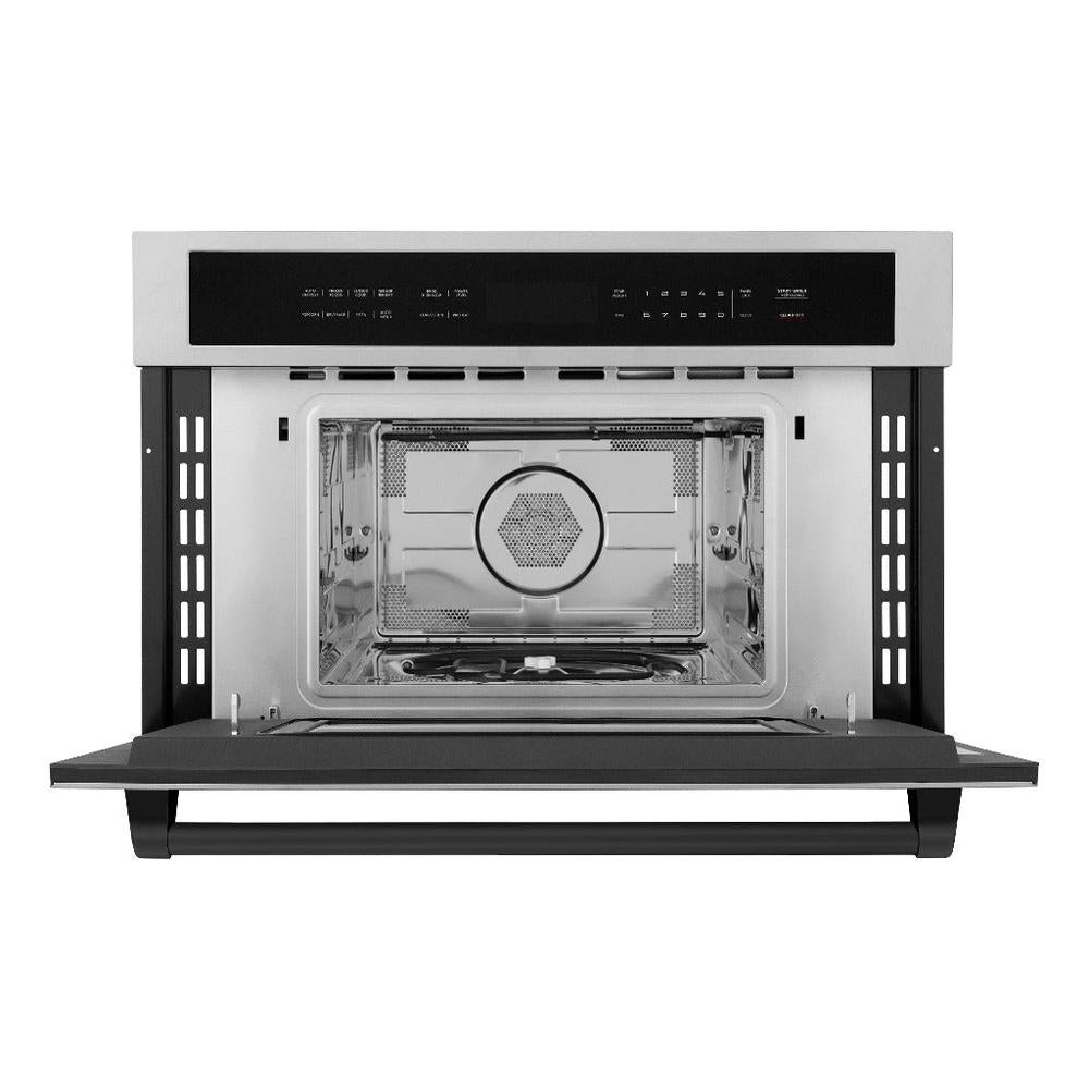 ZLINE Autograph Edition 30 in. 1.6 cu ft. Built-in Convection Microwave Oven in Stainless Steel with Matte Black Accents (MWOZ-30-MB) front, open.