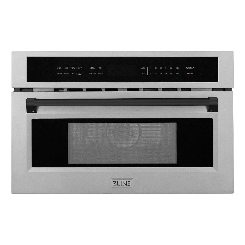 ZLINE Autograph Edition 30 in. 1.6 cu ft. Built-in Convection Microwave Oven in Stainless Steel with Matte Black Accents (MWOZ-30-MB) front, closed.
