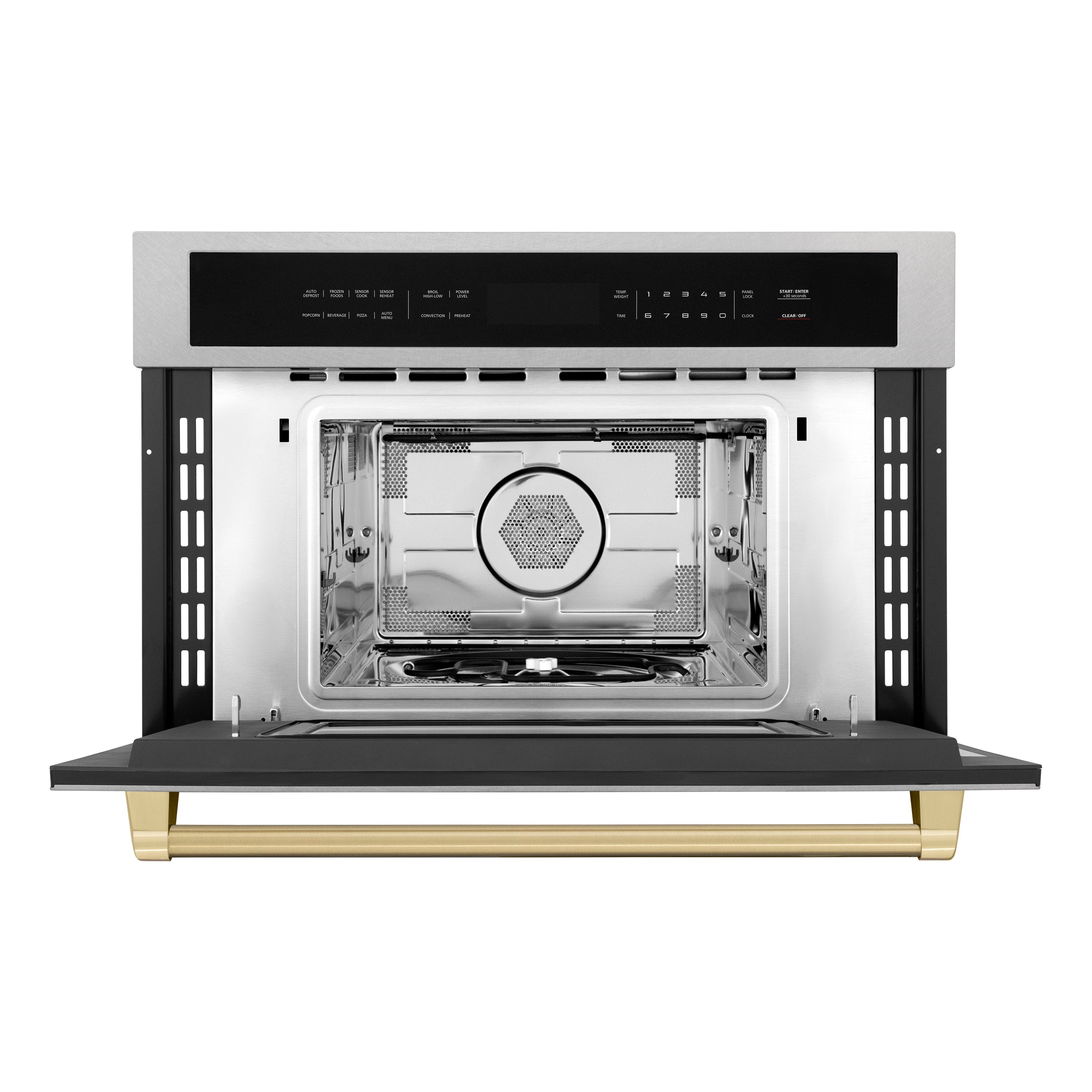 ZLINE Autograph Edition 30 in. 1.6 cu ft. Built-in Convection Microwave Oven in Fingerprint Resistant Stainless Steel with Champagne Bronze Accents (MWOZ-30-SS-CB) Front View Door Open