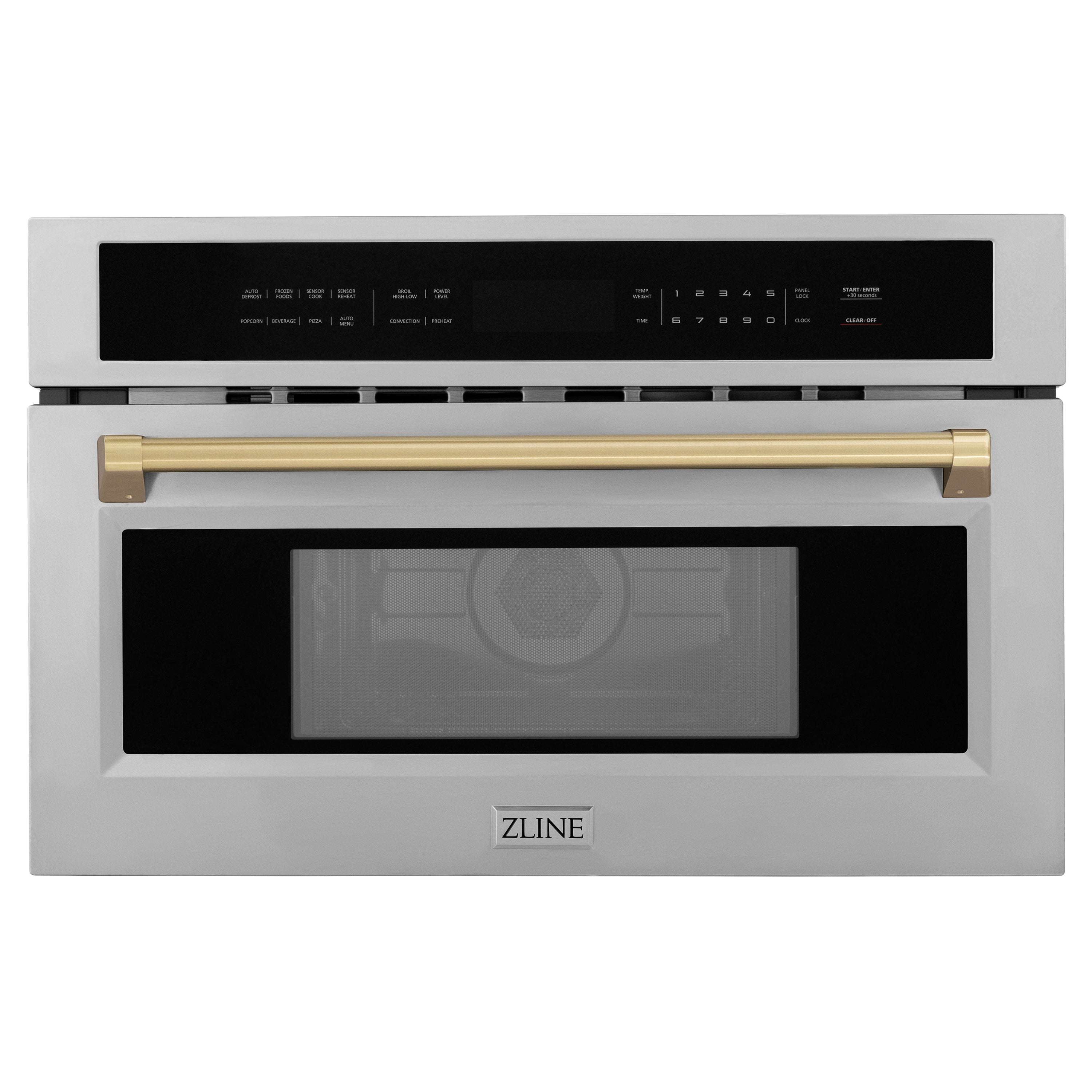 ZLINE Autograph Edition 30 in. 1.6 cu ft. Built-in Convection Microwave Oven in Fingerprint Resistant Stainless Steel with Champagne Bronze Accents (MWOZ-30-SS-CB) Front View Door Closed