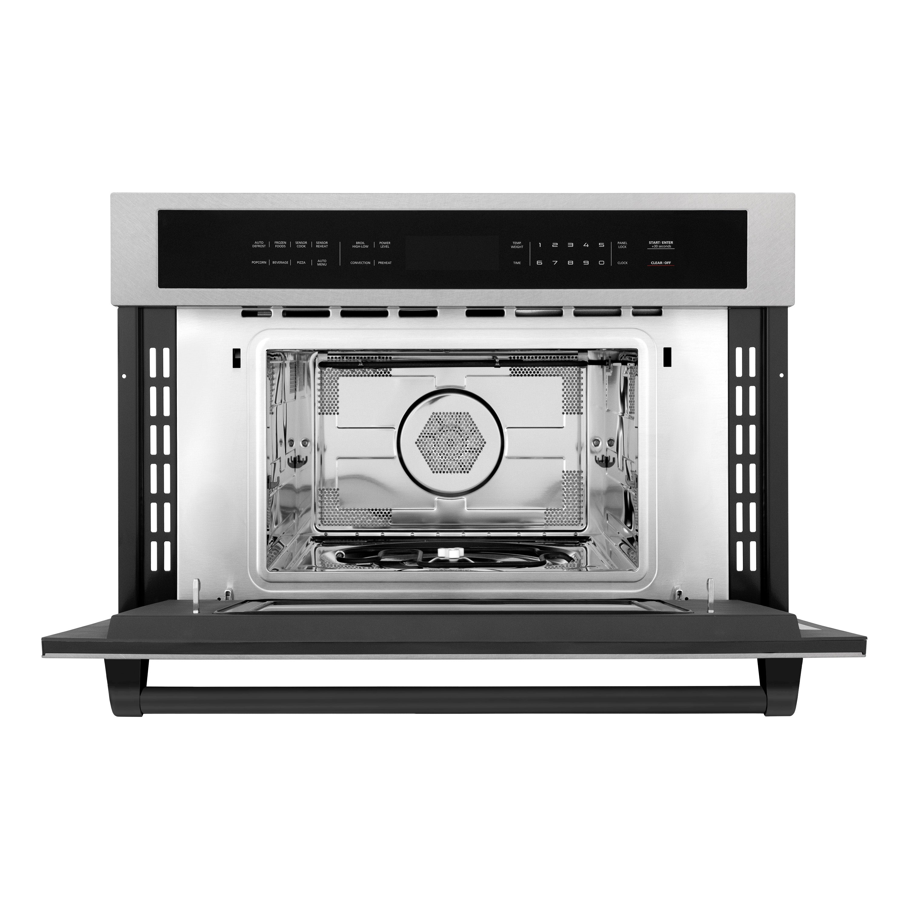 ZLINE Autograph Edition 30 in. 1.6 cu ft. Built-in Convection Microwave Oven in Fingerprint Resistant Stainless Steel with Matte Black Accents (MWOZ-30-SS-MB) Front View Door Open
