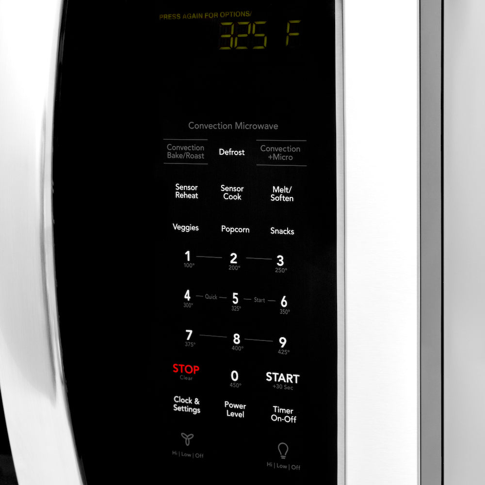 ZLINE Stainless Steel Over the Range Convection Microwave Oven with Modern Handle (MWO-OTR-30) close-up detail, control panel.