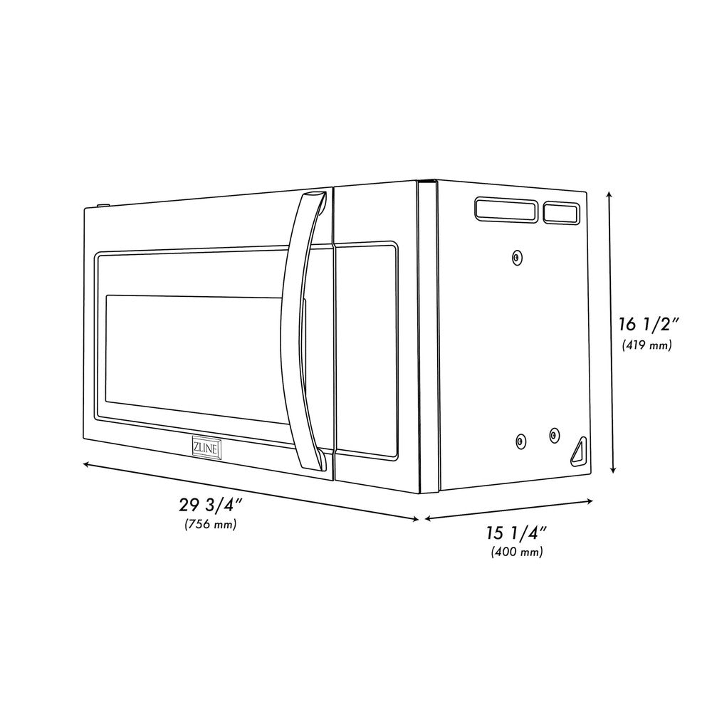 ZLINE Stainless Steel Over the Range Convection Microwave Oven with Modern Handle (MWO-OTR-30) dimensional diagram with measurements.