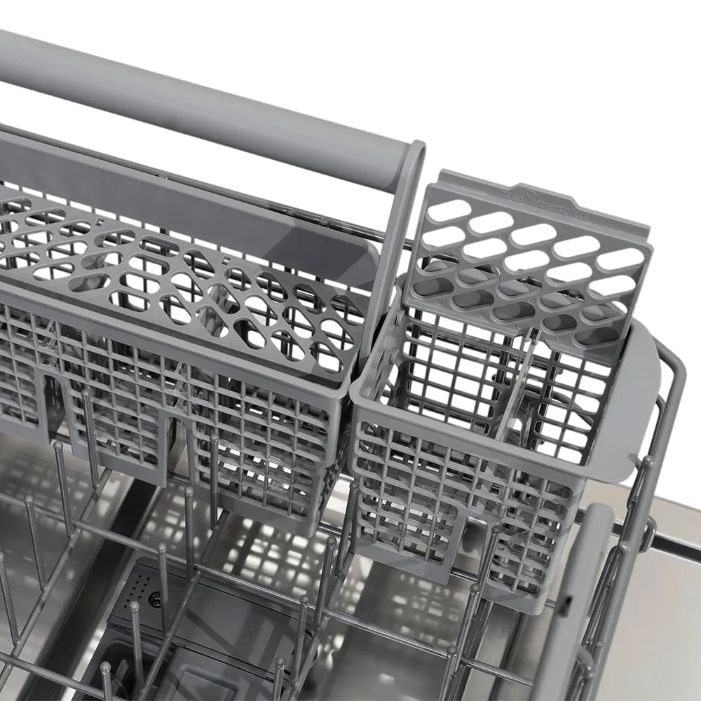 ZLINE 24 in. Monument Series 3rd Rack Dishwasher with Auto Door Open Drying, 44dBa, Panel Ready (DWMT-24) close-up, utensil holder on bottom dish rack.