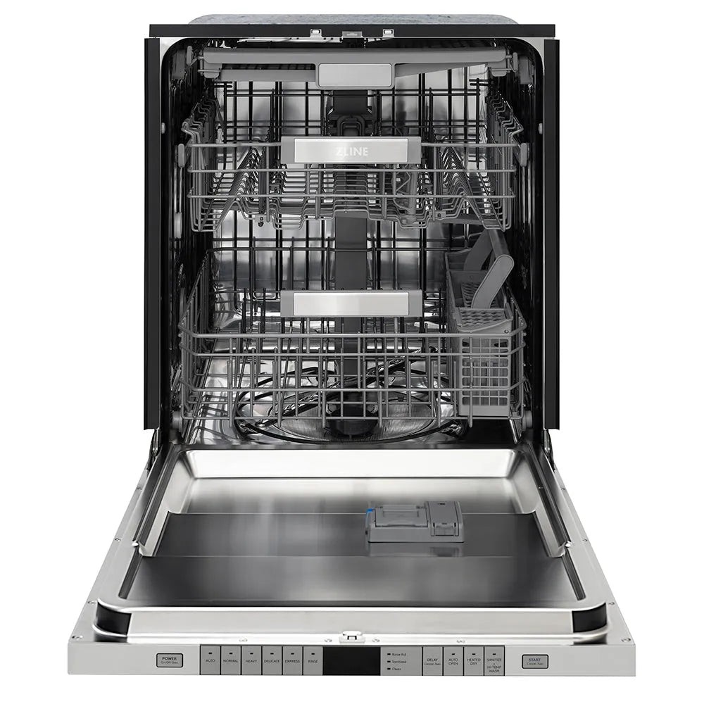 ZLINE 24 in. Monument Series 3rd Rack Dishwasher with Auto Door Open Drying, 44dBa, Panel Ready (DWMT-24) front, open.