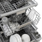 ZLINE 24 in. Monument Series 3rd Rack Dishwasher with Auto Door Open Drying, 44dBa, Black Stainless Steel Panel (DWMT-BS-24) all three dishwasher racks open with dishes loaded.