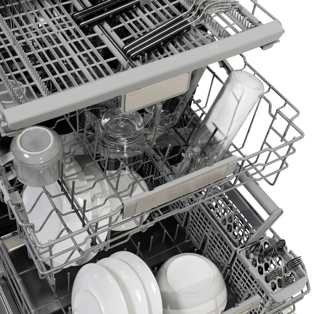 ZLINE 24 in. Monument Series 3rd Rack Dishwasher with Auto Door Open Drying, 44dBa, Black Stainless Steel Panel (DWMT-BS-24) all three dishwasher racks open with dishes loaded.