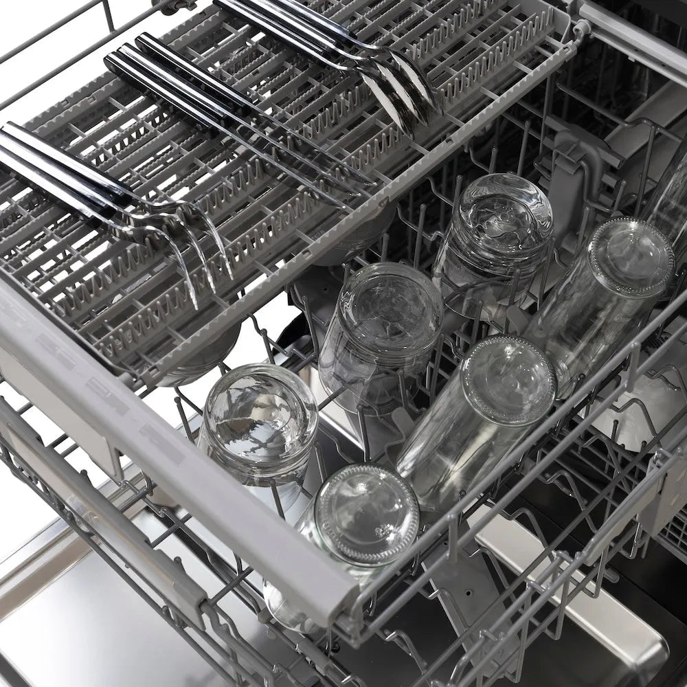 ZLINE 24 in. Monument Series 3rd Rack Dishwasher with Auto Door Open Drying, 44dBa, Black Stainless Steel Panel (DWMT-BS-24) close-up, utensils on adjusted third rack and glassware on top rack.