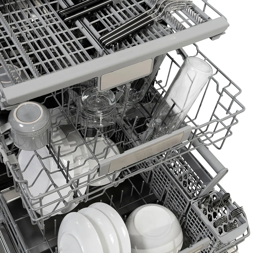 ZLINE 24 in. Monument Series 3rd Rack Dishwasher with Auto Door Open Drying, 44dBa, Copper Panel (DWMT-C-24) all three dishwasher racks open with dishes loaded.