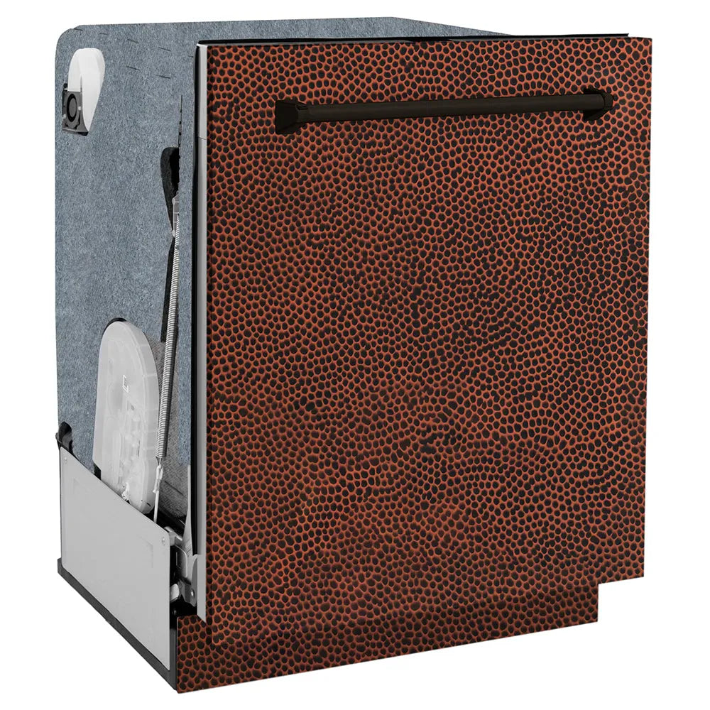ZLINE 24 in. Monument Series 3rd Rack Dishwasher with Auto Door Open Drying, 44dBa, Hand Hammered Copper Panel (DWMT-HH-24) side.