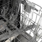 ZLINE 24 in. Monument Series 3rd Rack Dishwasher with Auto Door Open Drying, 44dBa, Satin Stainless Steel Panel (DWMT-SN-24) close-up, glass bottles loaded on bottle wash jets.