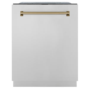ZLINE Autograph Edition 24 in. Monument Series 3rd Rack Dishwasher with Auto Door Open Drying, 44dBa, Stainless Steel Panel with Champagne Bronze Handle (DWMTZ-304-24-CB) main image.