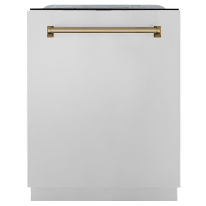 ZLINE Autograph Edition 24 in. Monument Series 3rd Rack Dishwasher with Auto Door Open Drying, 44dBa, Stainless Steel Panel with Champagne Bronze Handle (DWMTZ-304-24-CB)