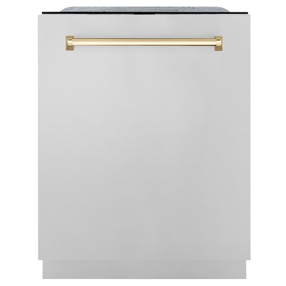 ZLINE Autograph Edition 24 in. Monument Series 3rd Rack Dishwasher with Auto Door Open Drying, 44dBa, Stainless Steel Panel with Polished Gold Handle (DWMTZ-304-24-G)