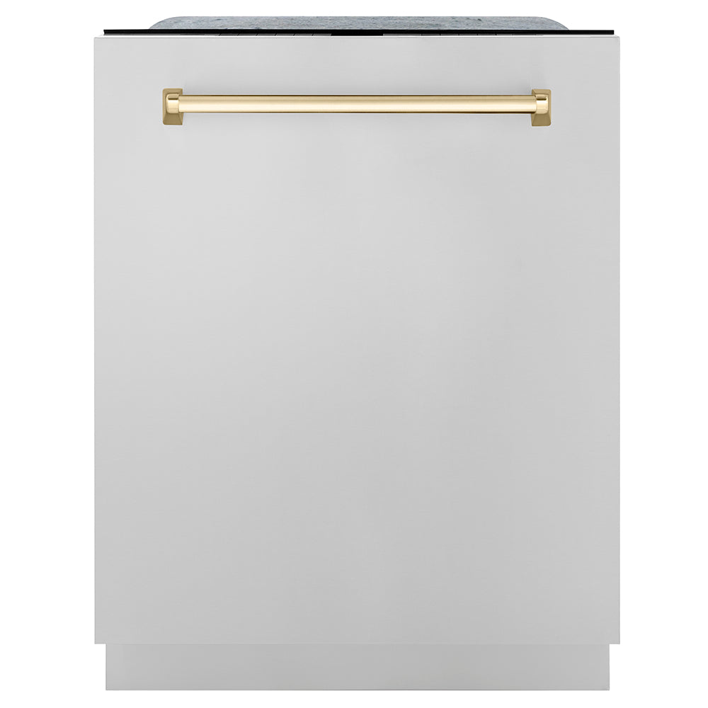 ZLINE Autograph Edition 36 in. Kitchen Package with Stainless Steel Dual Fuel Range, Range Hood, Dishwasher and Refrigeration with Polished Gold Accents (4AKPR-RARHDWM36-G)