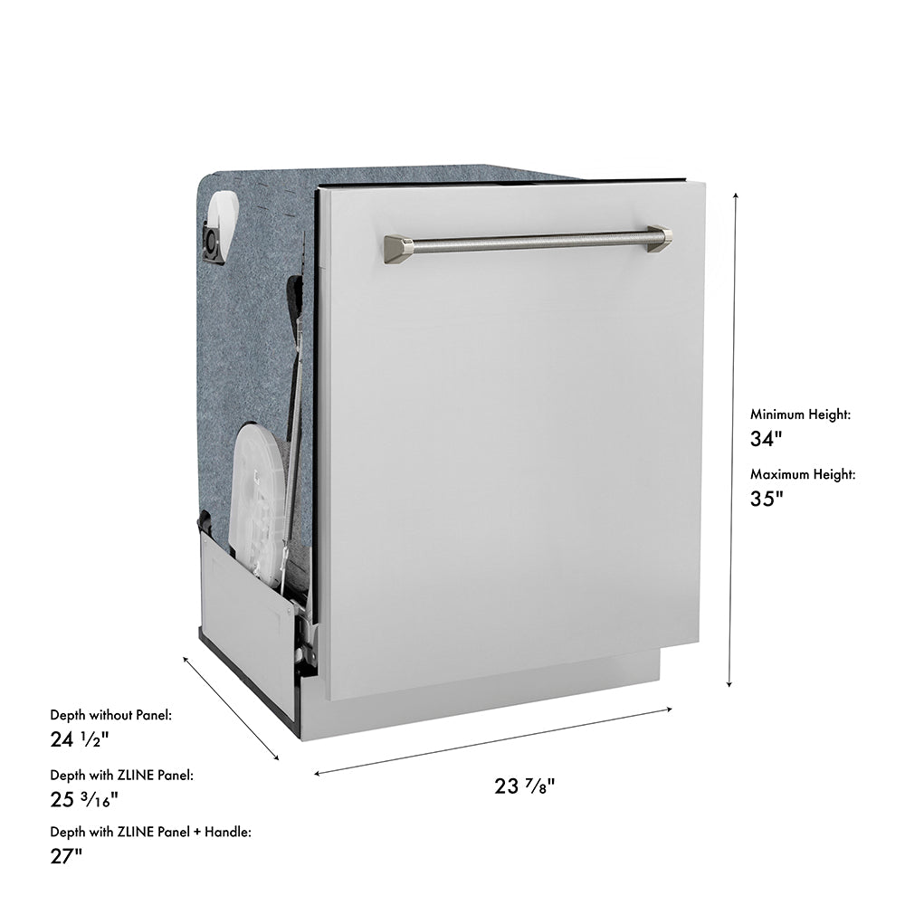 ZLINE Autograph Edition 24 in. Monument Series 3rd Rack Dishwasher with Auto Door Open Drying, 44dBa, Stainless Steel Panel with Polished Nickel Helix Handle (DWMTZ-30424-KPN) with dimensions labeled.