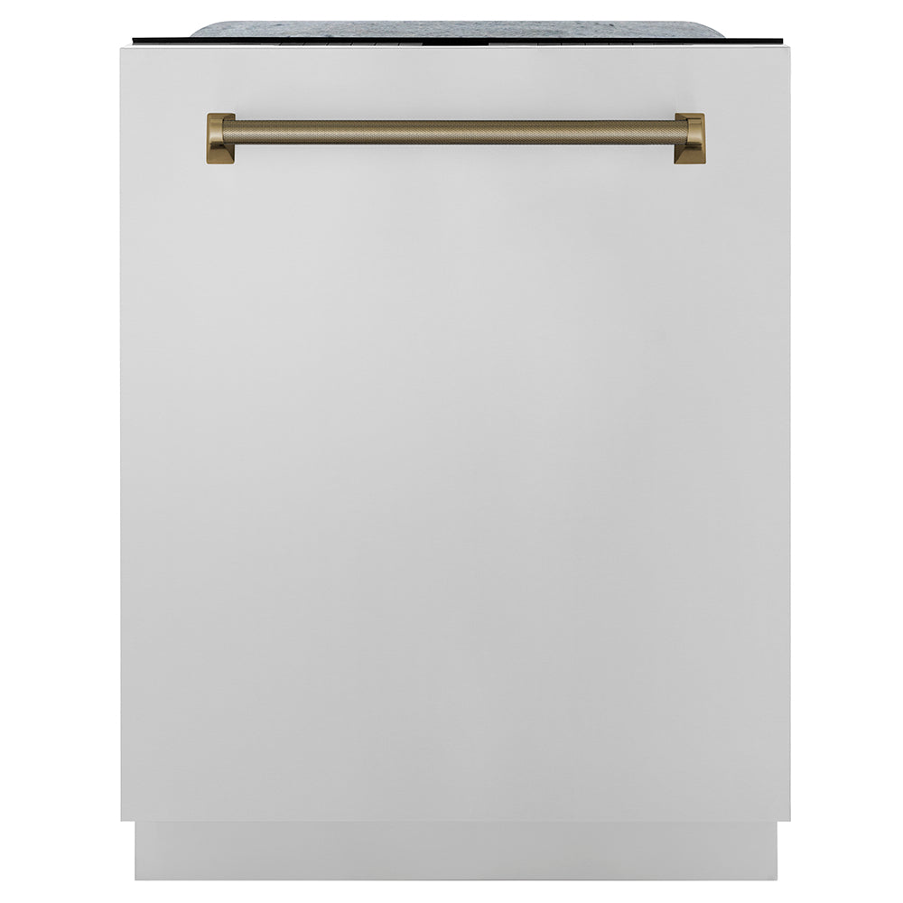 ZLINE Autograph Edition 24 in. Monument Series 3rd Rack Dishwasher with Auto Door Open Drying, 44dBa, Stainless Steel Panel with Champagne Bronze Helix Handle (DWMTZ-30424-KCB)
