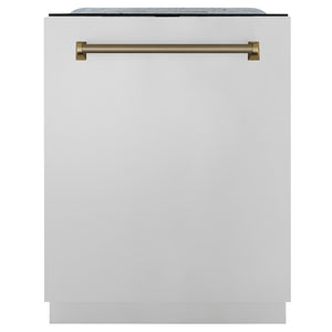ZLINE Autograph Edition 24 in. Monument Series 3rd Rack Dishwasher with Auto Door Open Drying, 44dBa, Stainless Steel Panel with Champagne Bronze Helix Handle (DWMTZ-30424-KCB) main image.