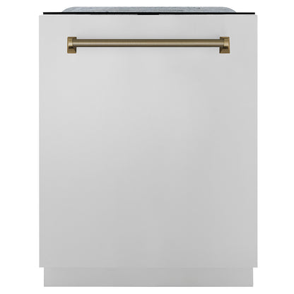 ZLINE Autograph Edition 24 in. Monument Series 3rd Rack Dishwasher with Auto Door Open Drying, 44dBa, Stainless Steel Panel with Champagne Bronze Helix Handle (DWMTZ-30424-KCB)