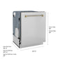ZLINE Autograph Edition 24 in. Monument Series 3rd Rack Dishwasher with Auto Door Open Drying, 44dBa, Stainless Steel Panel with Polished Gold Helix Handle (DWMTZ-30424-KG) with dimensions labeled.